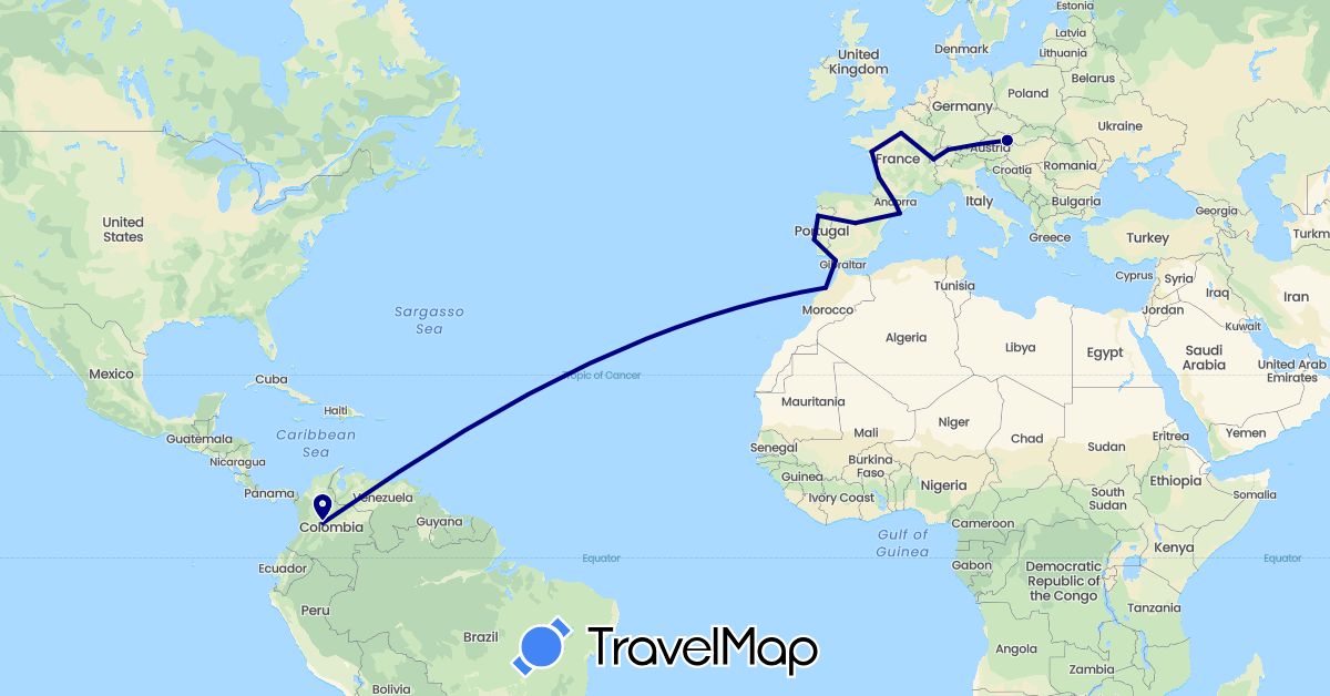 TravelMap itinerary: driving in Andorra, Austria, Switzerland, Colombia, Spain, France, Morocco, Portugal (Africa, Europe, South America)